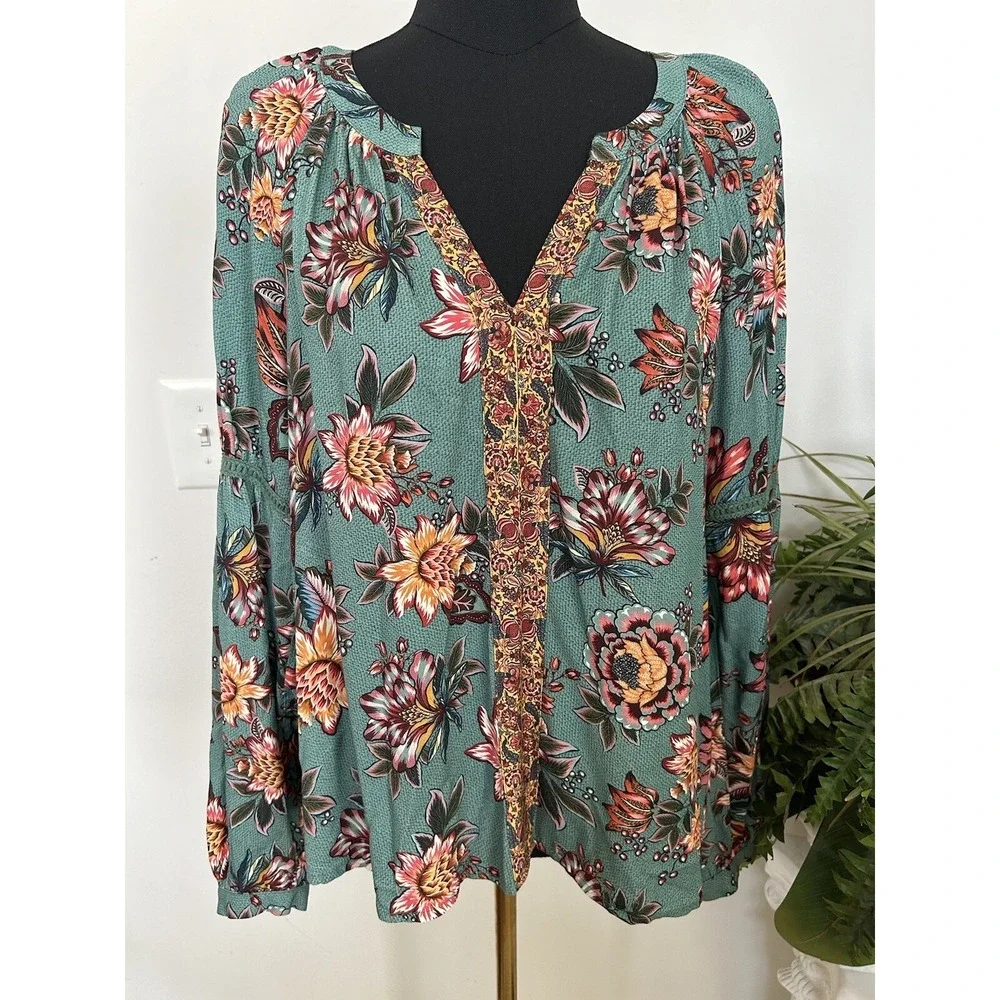 Farm Rio Anthropologie Women's Boho Paola Floral Peasant Blouse Top Shirt Sz M